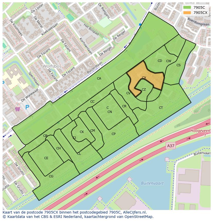 Afbeelding van het postcodegebied 7905 CX op de kaart.