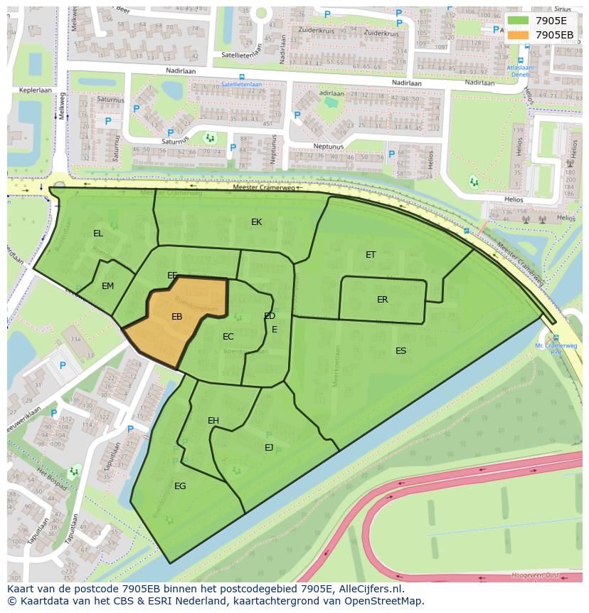 Afbeelding van het postcodegebied 7905 EB op de kaart.