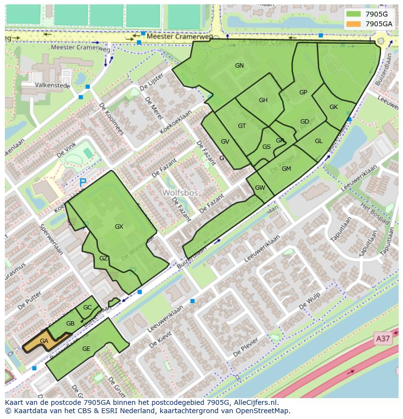 Afbeelding van het postcodegebied 7905 GA op de kaart.