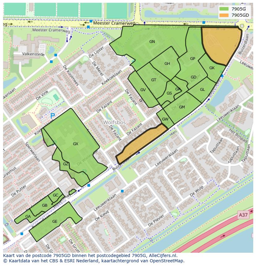 Afbeelding van het postcodegebied 7905 GD op de kaart.