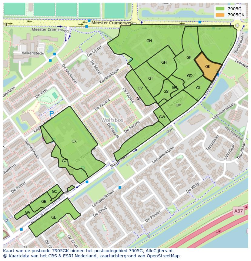 Afbeelding van het postcodegebied 7905 GK op de kaart.