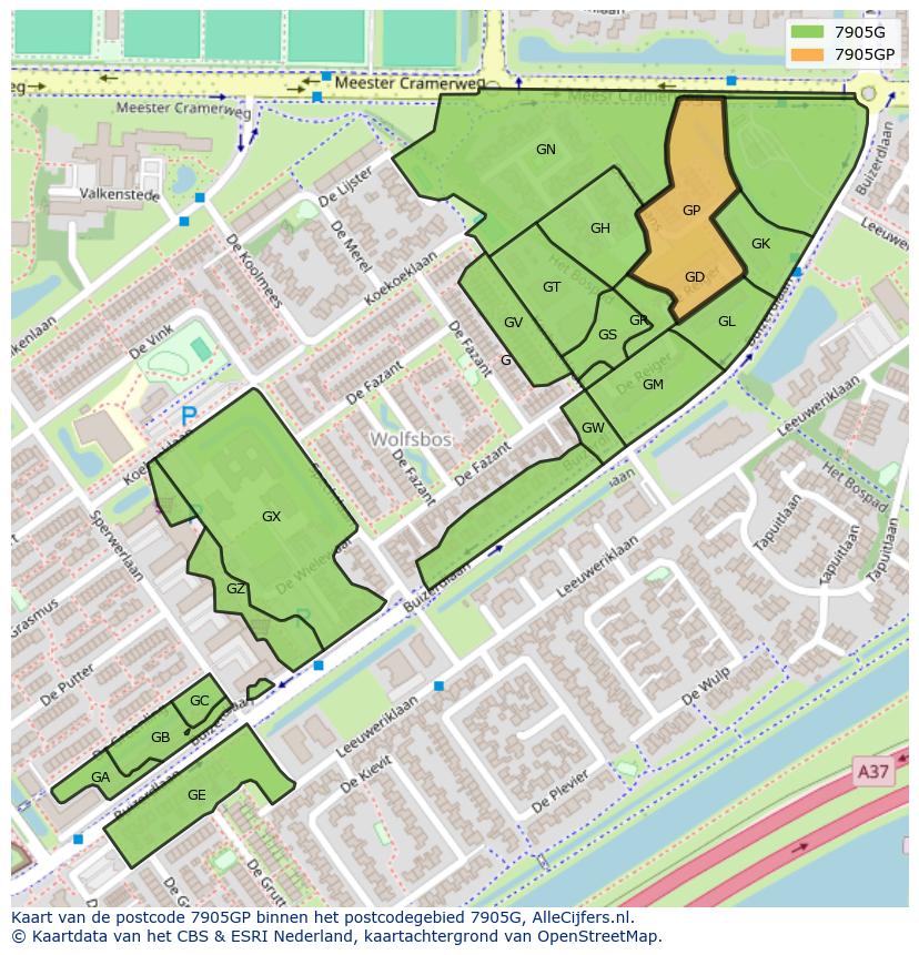 Afbeelding van het postcodegebied 7905 GP op de kaart.