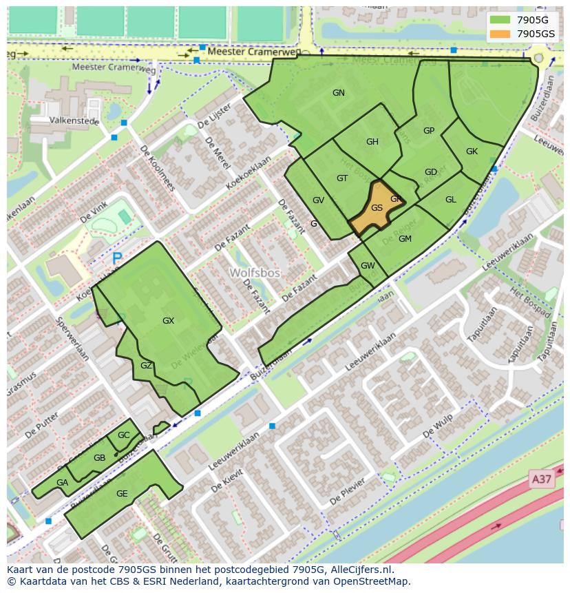 Afbeelding van het postcodegebied 7905 GS op de kaart.