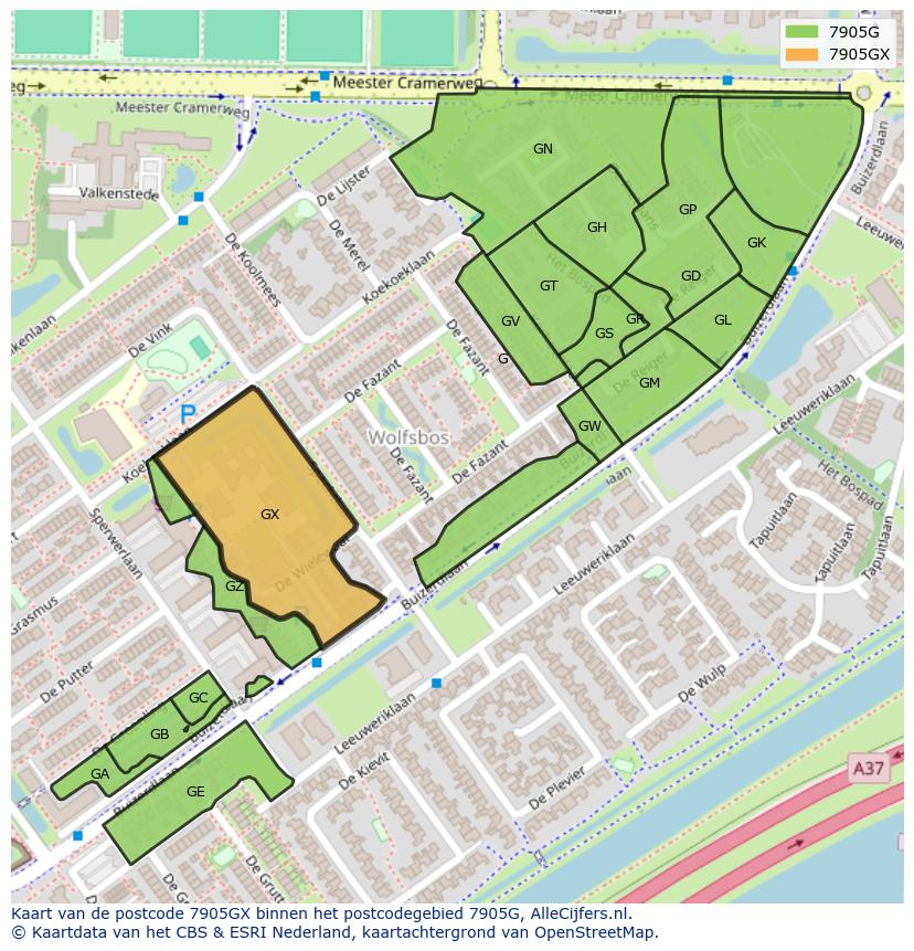 Afbeelding van het postcodegebied 7905 GX op de kaart.
