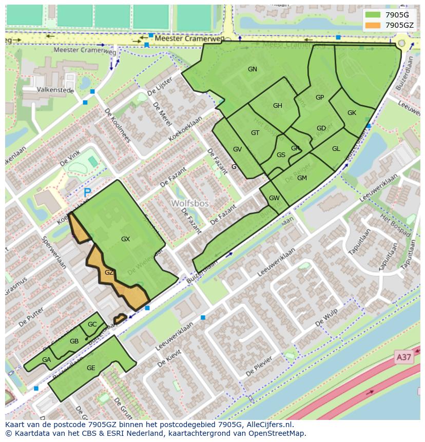 Afbeelding van het postcodegebied 7905 GZ op de kaart.