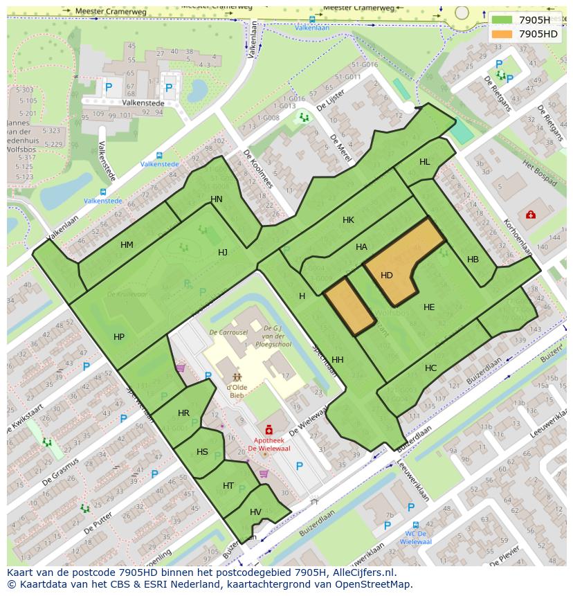 Afbeelding van het postcodegebied 7905 HD op de kaart.
