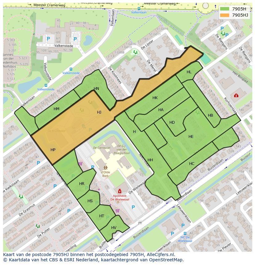 Afbeelding van het postcodegebied 7905 HJ op de kaart.