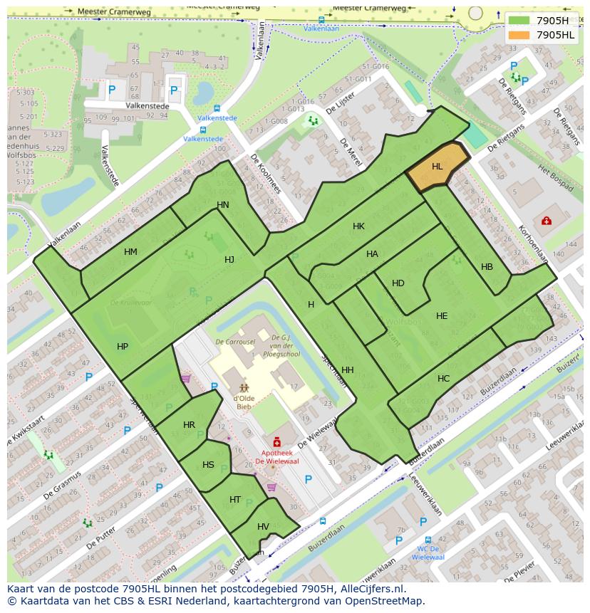 Afbeelding van het postcodegebied 7905 HL op de kaart.