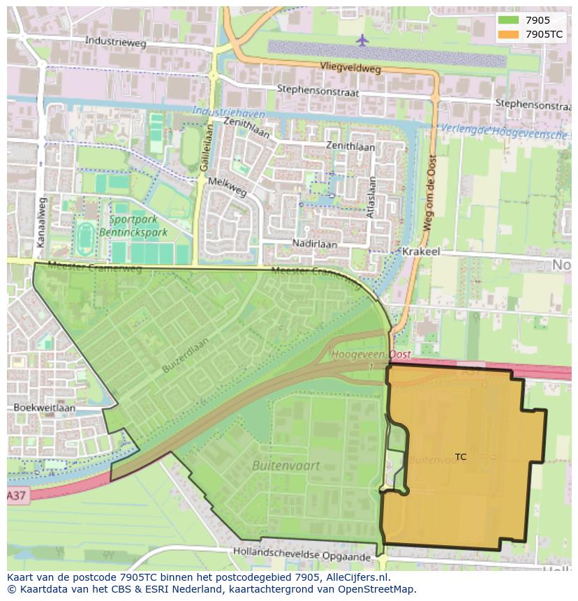 Afbeelding van het postcodegebied 7905 TC op de kaart.