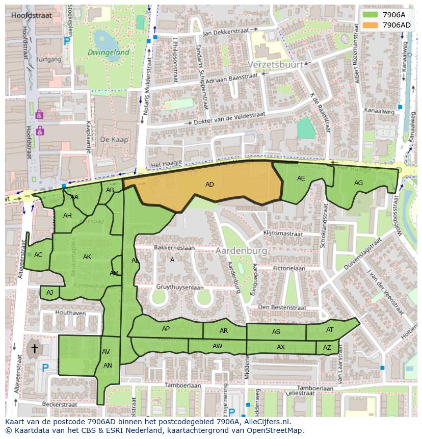 Afbeelding van het postcodegebied 7906 AD op de kaart.
