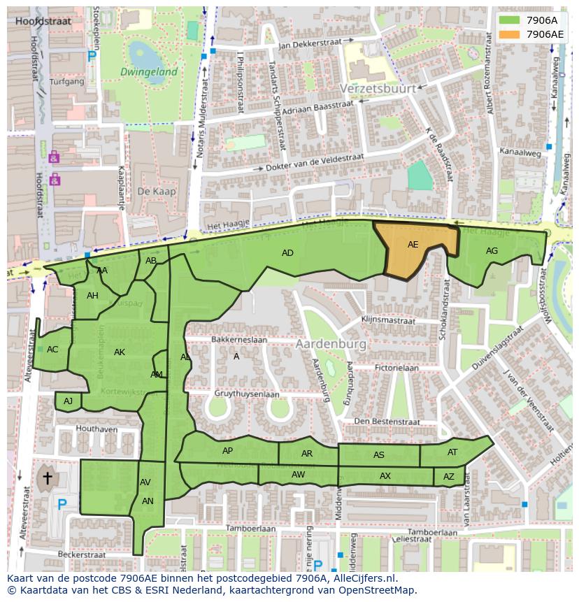 Afbeelding van het postcodegebied 7906 AE op de kaart.