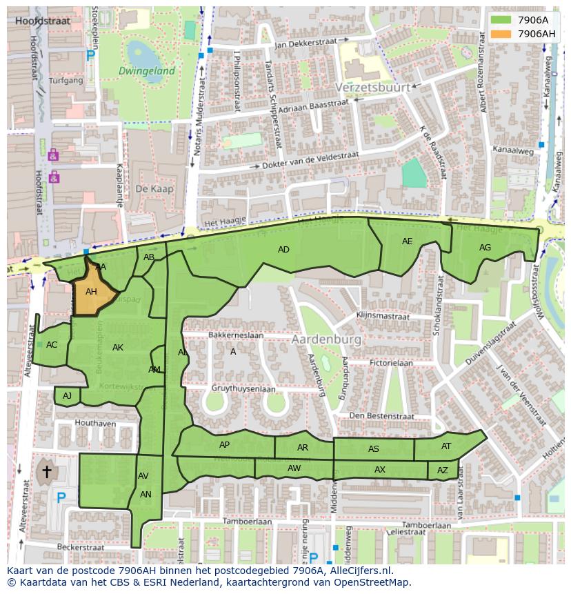 Afbeelding van het postcodegebied 7906 AH op de kaart.