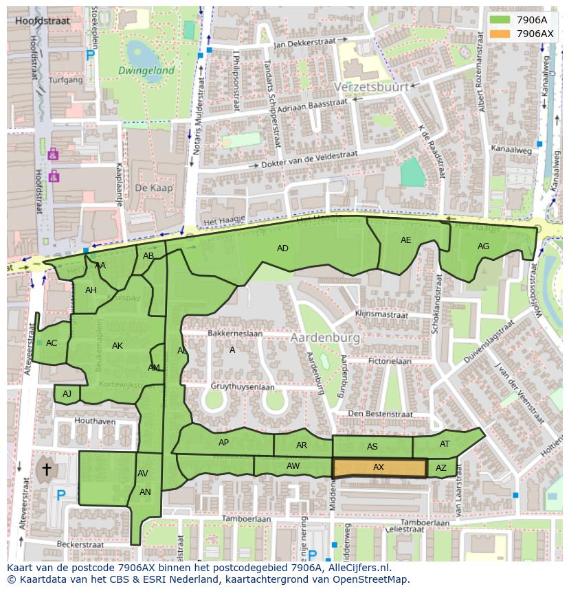 Afbeelding van het postcodegebied 7906 AX op de kaart.