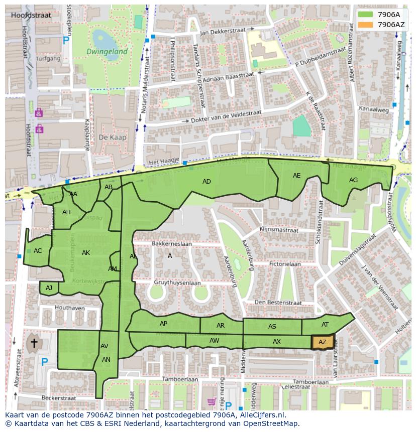 Afbeelding van het postcodegebied 7906 AZ op de kaart.