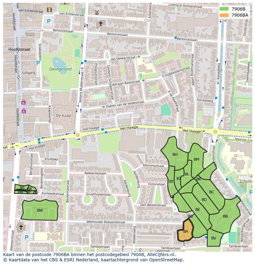 Afbeelding van het postcodegebied 7906 BA op de kaart.