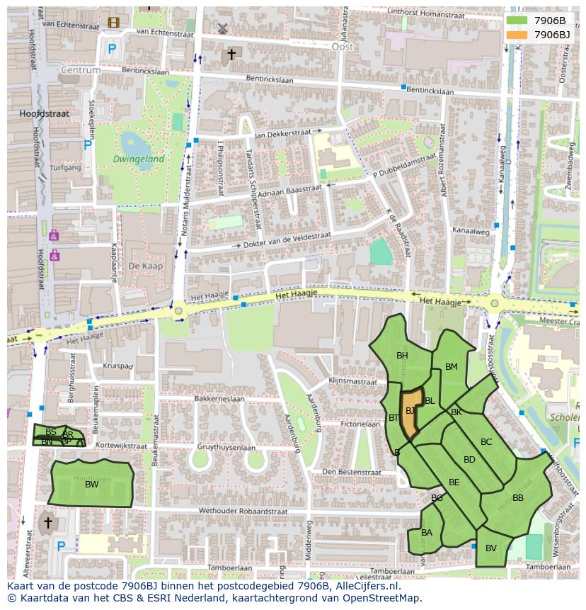 Afbeelding van het postcodegebied 7906 BJ op de kaart.