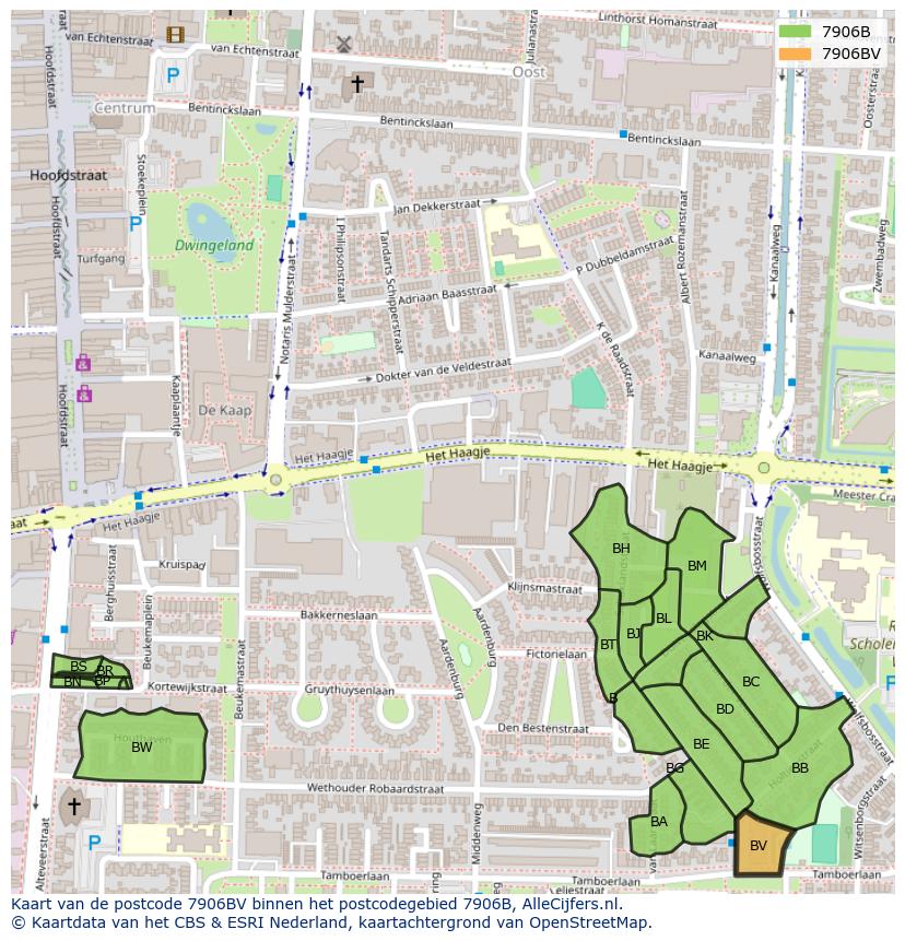 Afbeelding van het postcodegebied 7906 BV op de kaart.