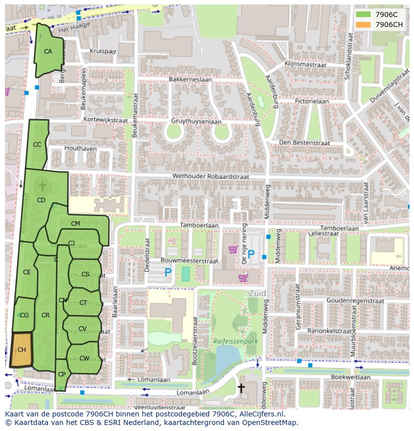 Afbeelding van het postcodegebied 7906 CH op de kaart.