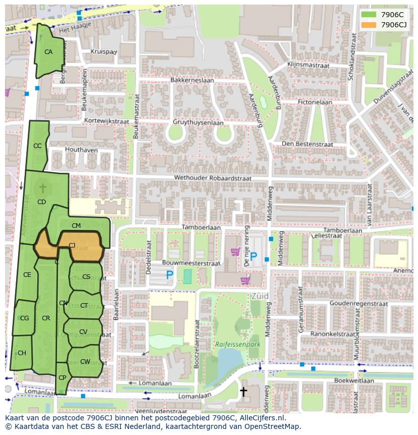 Afbeelding van het postcodegebied 7906 CJ op de kaart.