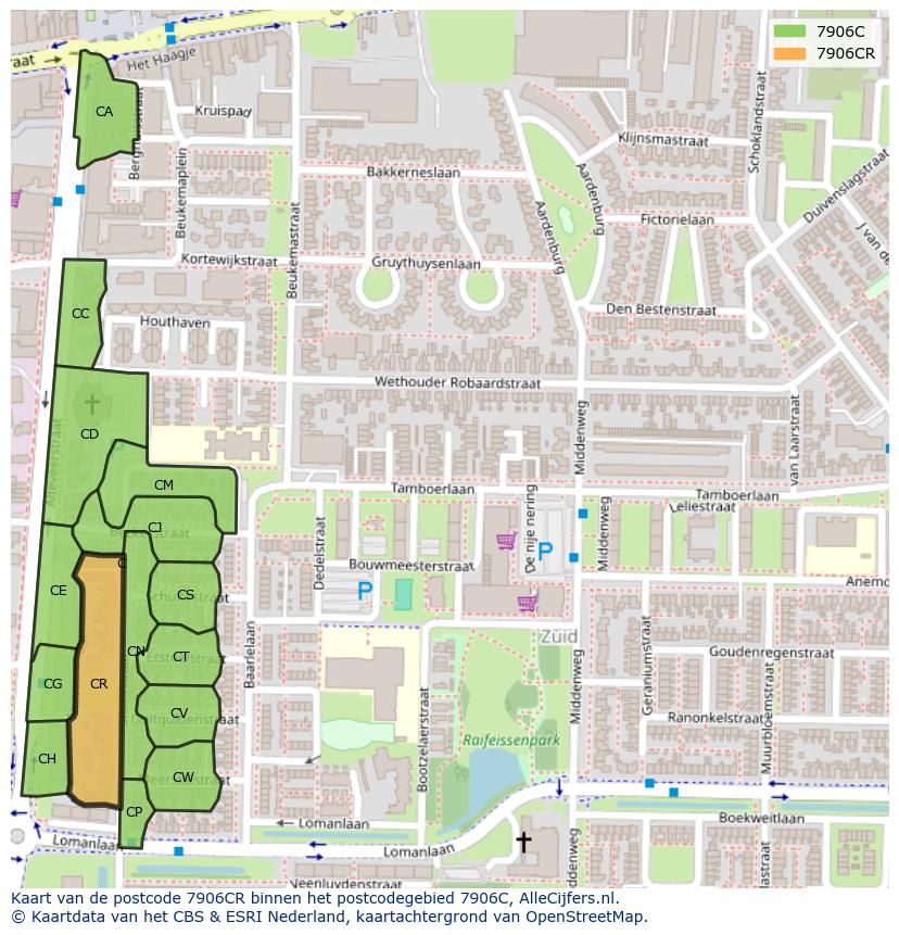 Afbeelding van het postcodegebied 7906 CR op de kaart.