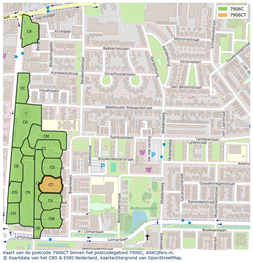 Afbeelding van het postcodegebied 7906 CT op de kaart.