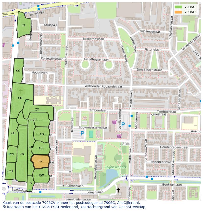 Afbeelding van het postcodegebied 7906 CV op de kaart.