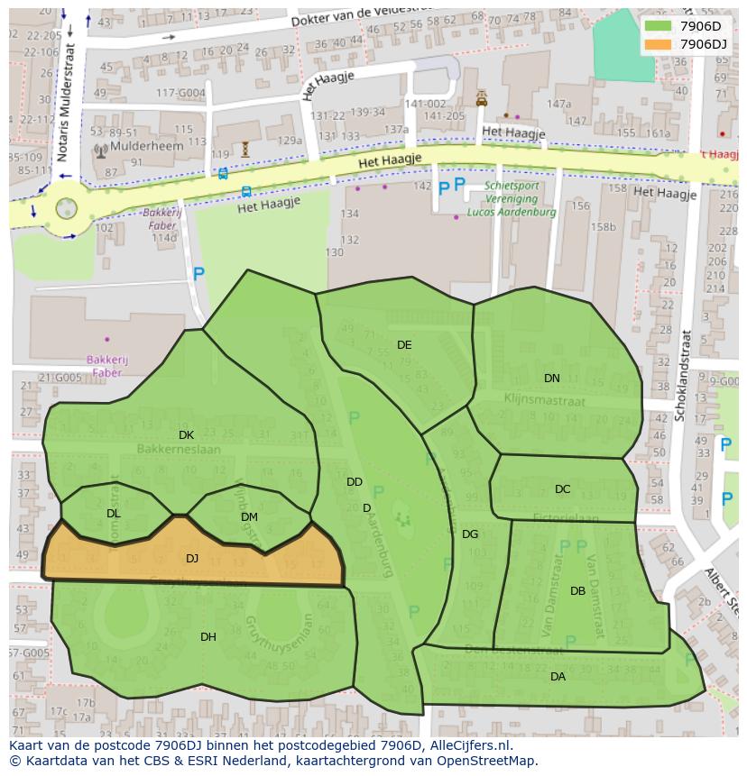 Afbeelding van het postcodegebied 7906 DJ op de kaart.