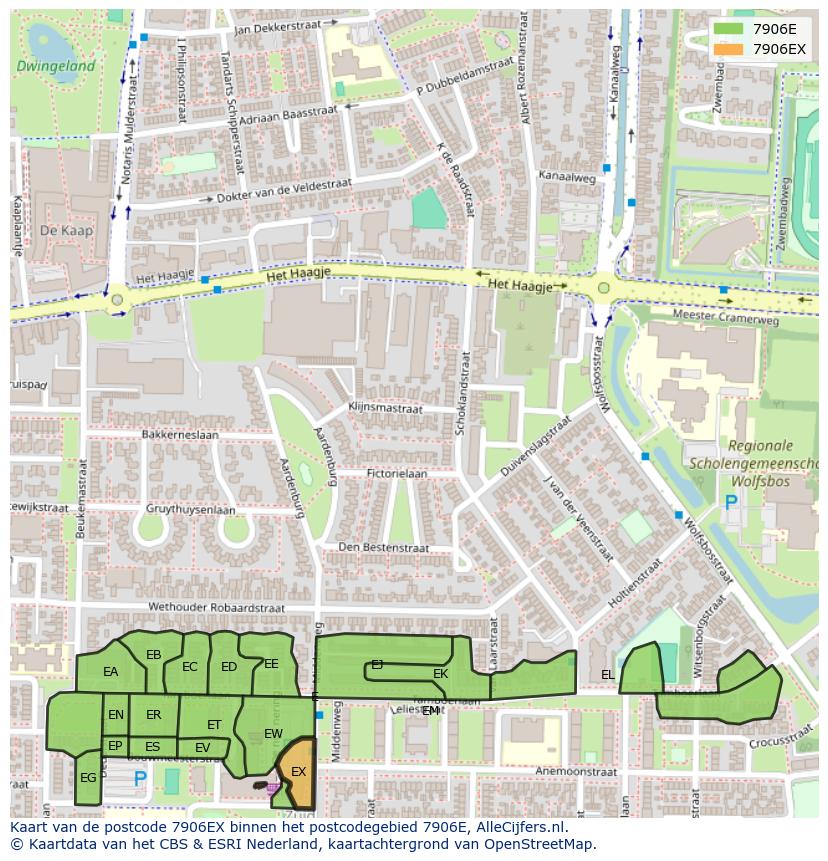Afbeelding van het postcodegebied 7906 EX op de kaart.