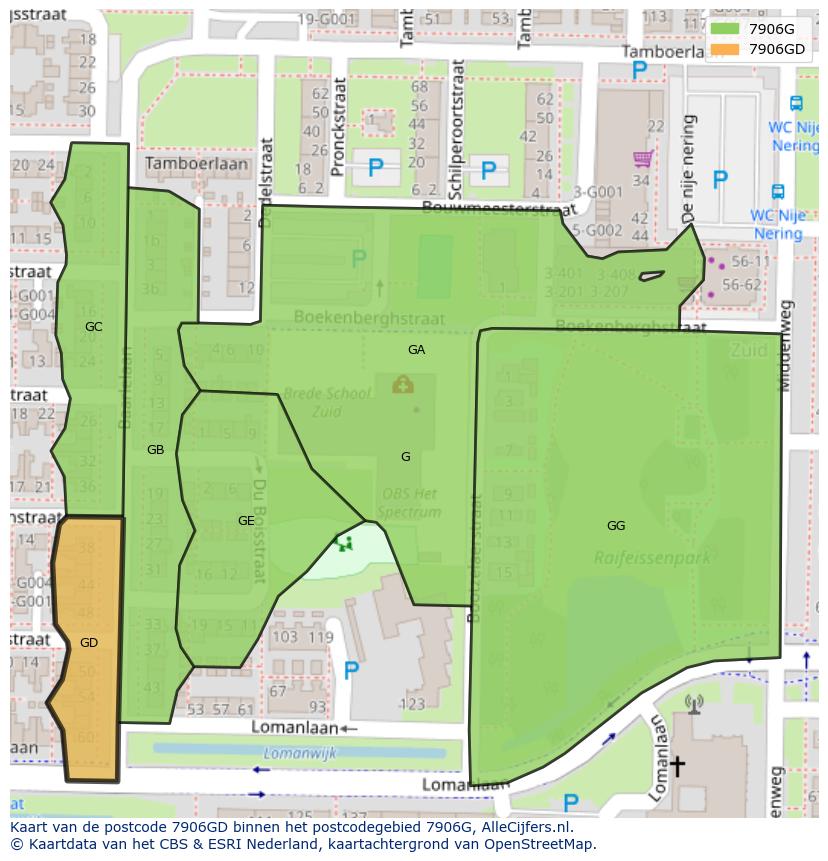 Afbeelding van het postcodegebied 7906 GD op de kaart.