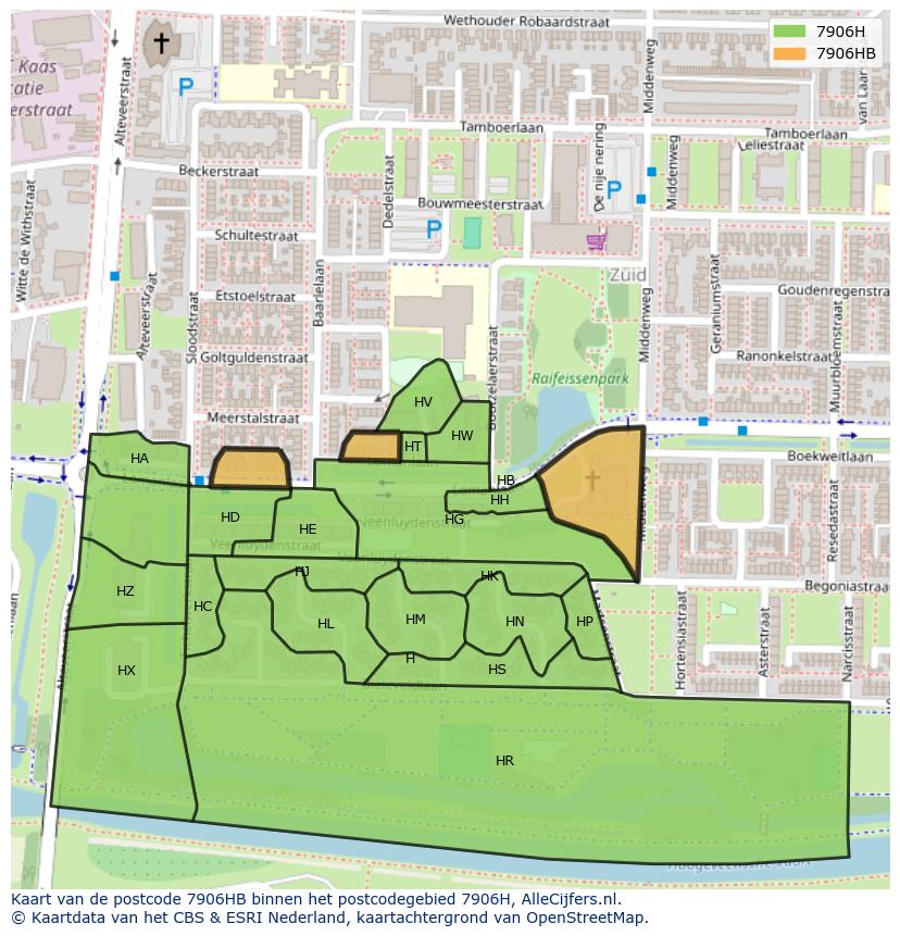 Afbeelding van het postcodegebied 7906 HB op de kaart.