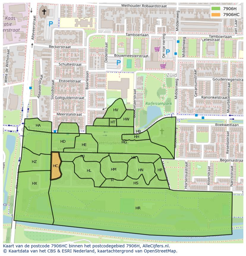 Afbeelding van het postcodegebied 7906 HC op de kaart.