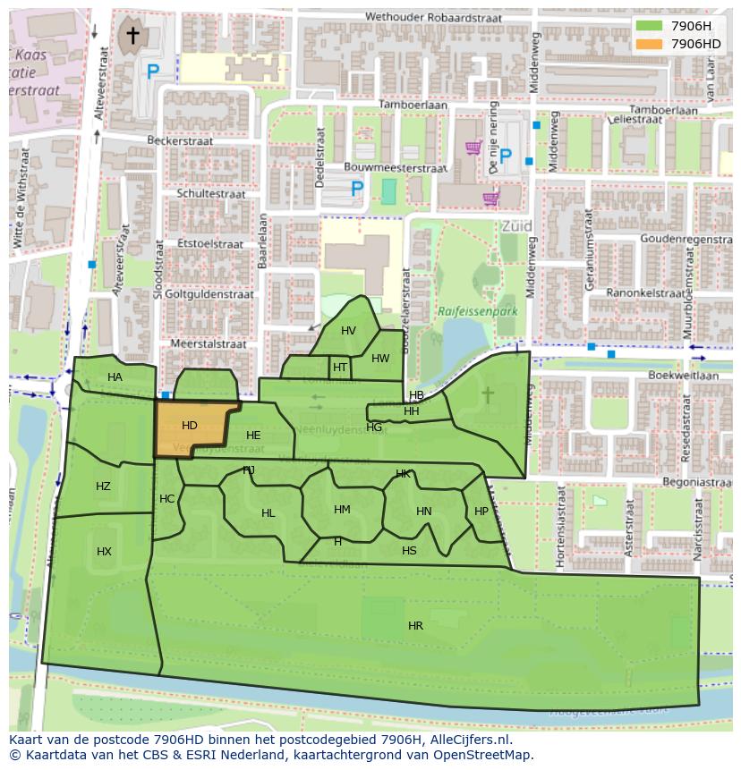 Afbeelding van het postcodegebied 7906 HD op de kaart.