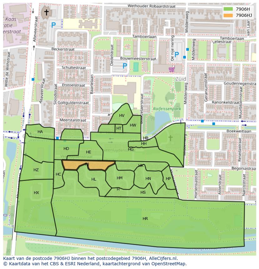 Afbeelding van het postcodegebied 7906 HJ op de kaart.