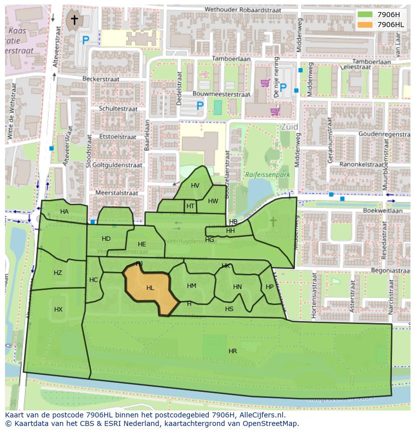 Afbeelding van het postcodegebied 7906 HL op de kaart.
