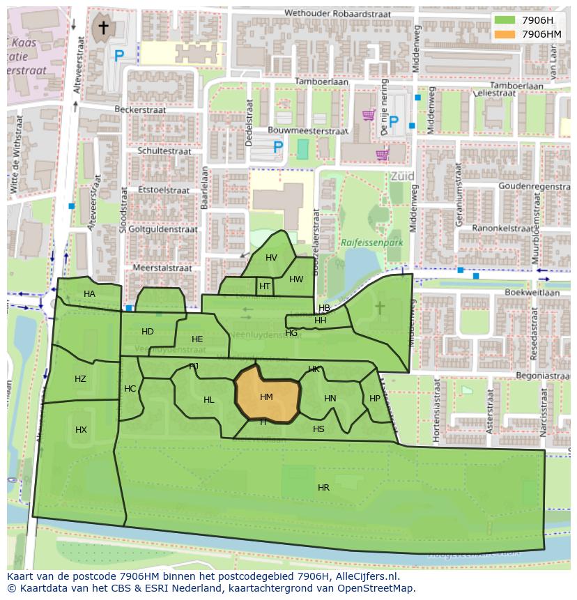 Afbeelding van het postcodegebied 7906 HM op de kaart.