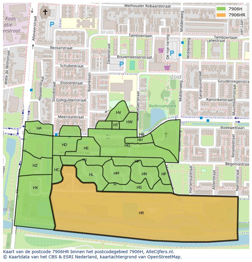 Afbeelding van het postcodegebied 7906 HR op de kaart.