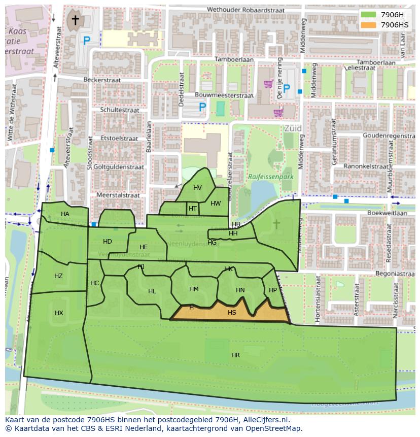 Afbeelding van het postcodegebied 7906 HS op de kaart.