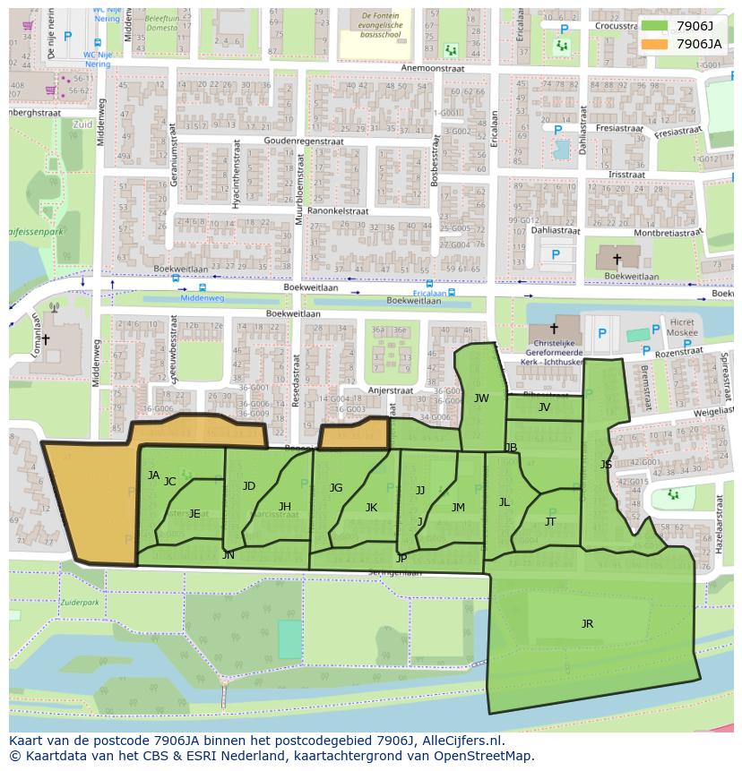 Afbeelding van het postcodegebied 7906 JA op de kaart.