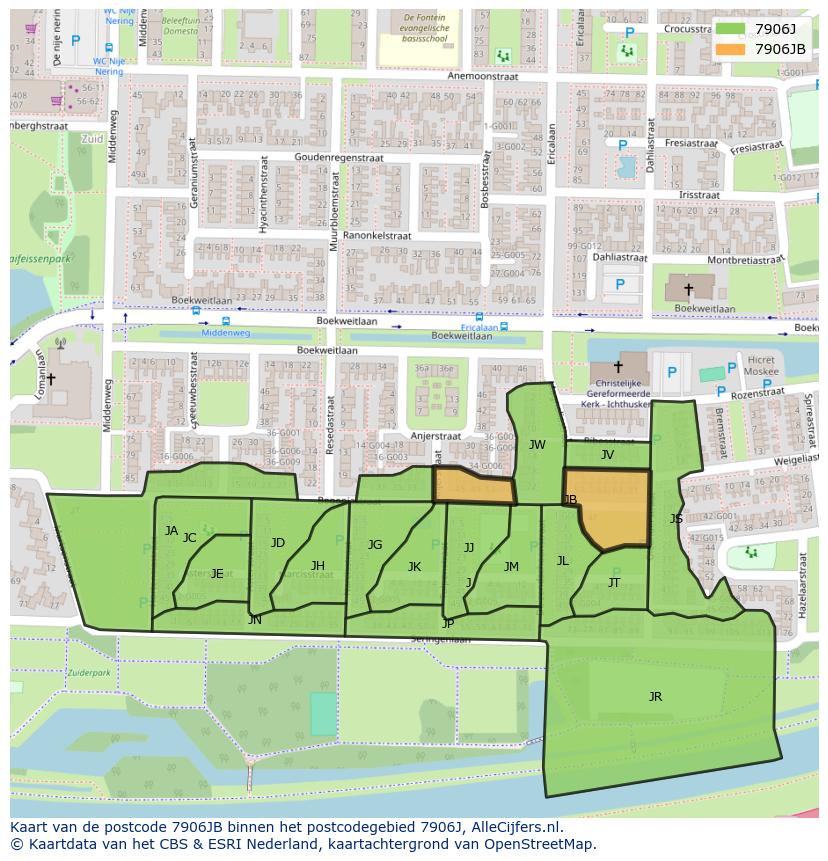 Afbeelding van het postcodegebied 7906 JB op de kaart.