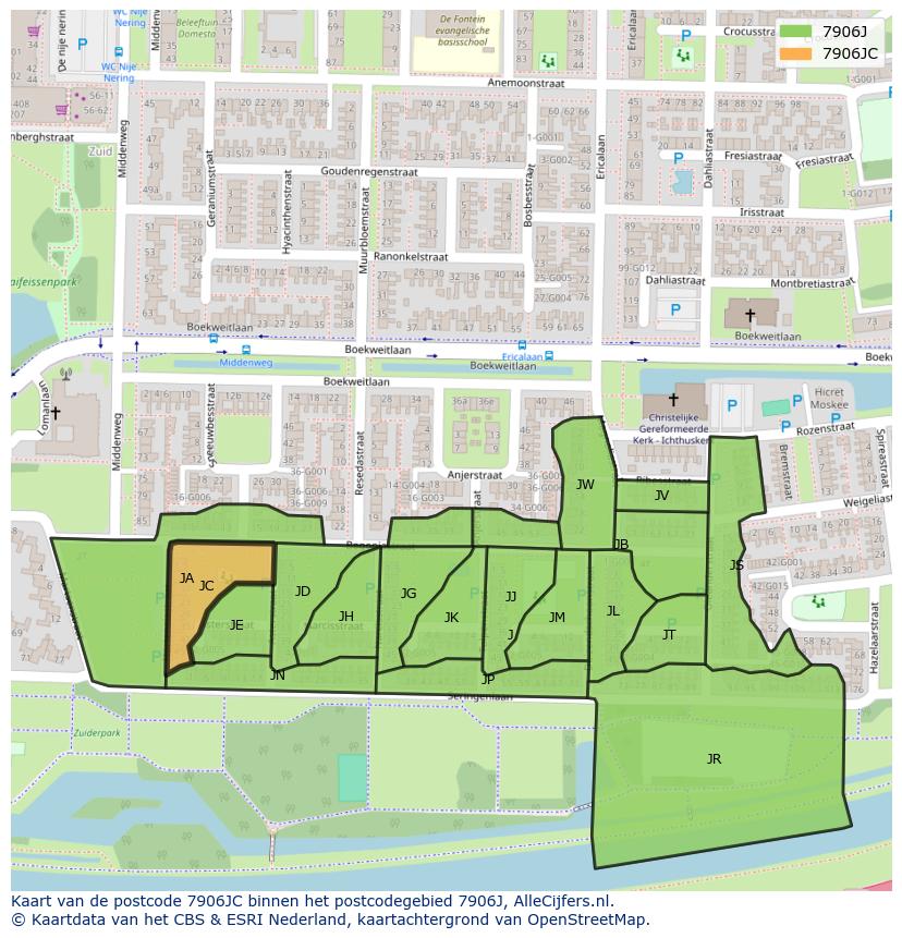 Afbeelding van het postcodegebied 7906 JC op de kaart.