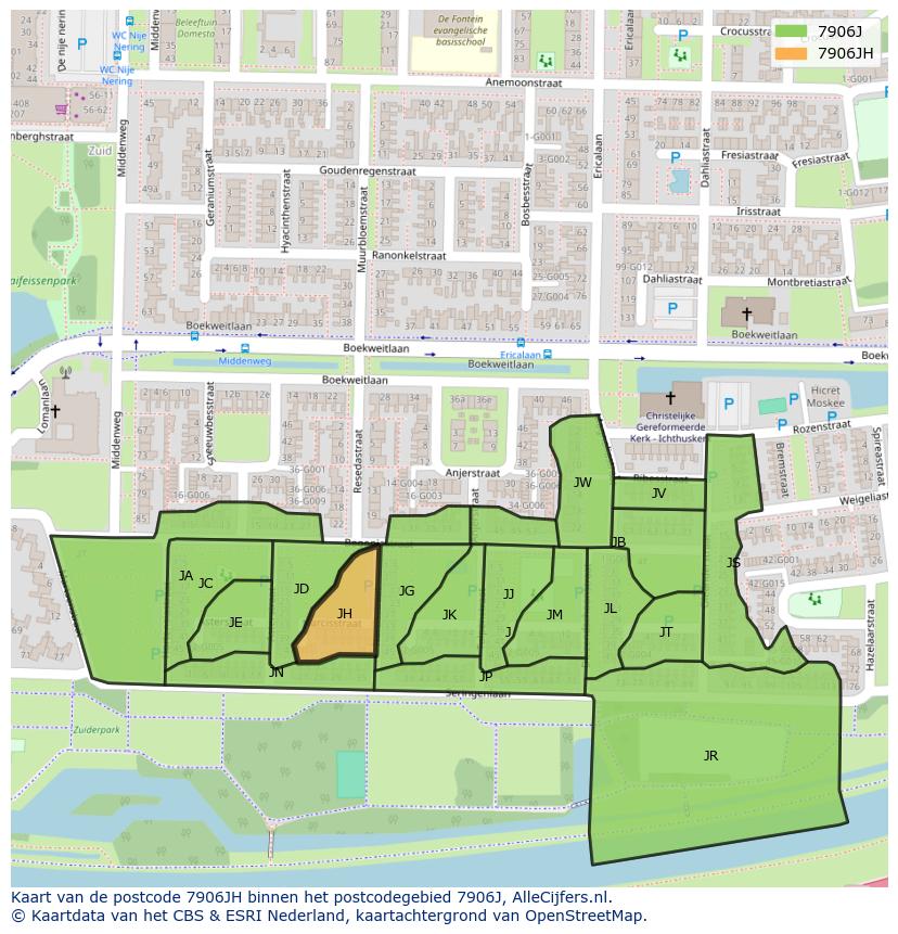 Afbeelding van het postcodegebied 7906 JH op de kaart.