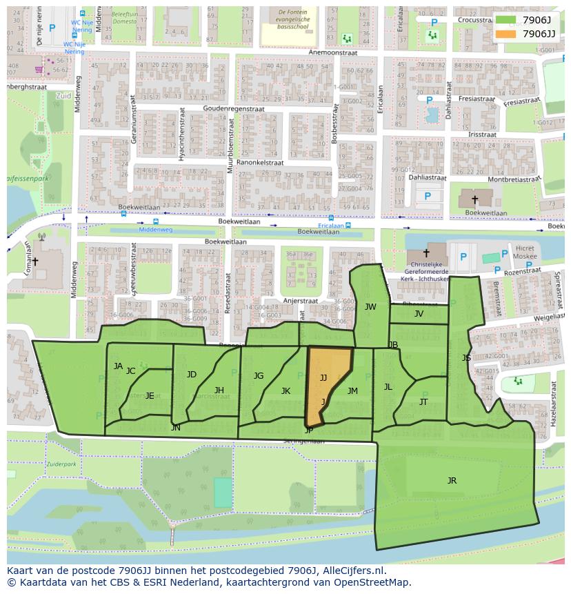 Afbeelding van het postcodegebied 7906 JJ op de kaart.
