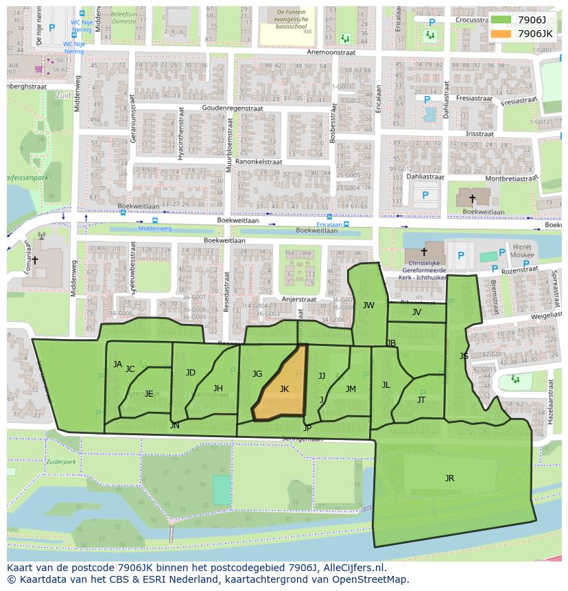Afbeelding van het postcodegebied 7906 JK op de kaart.