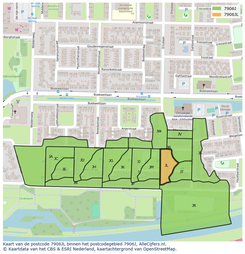 Afbeelding van het postcodegebied 7906 JL op de kaart.