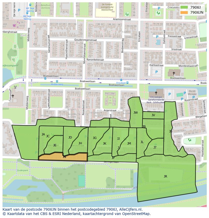 Afbeelding van het postcodegebied 7906 JN op de kaart.