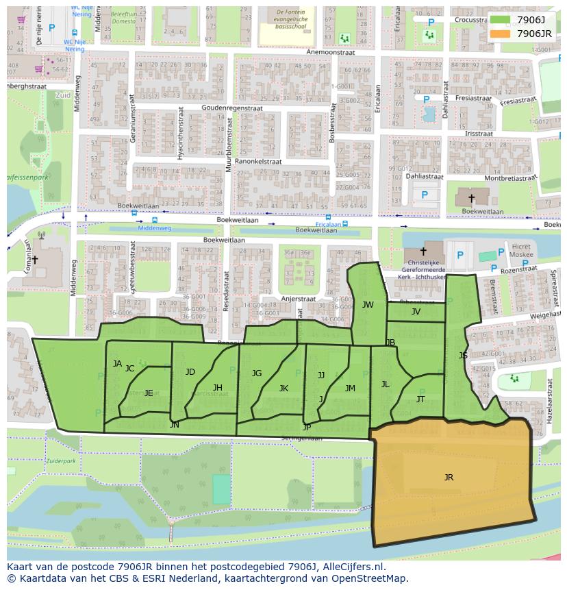 Afbeelding van het postcodegebied 7906 JR op de kaart.
