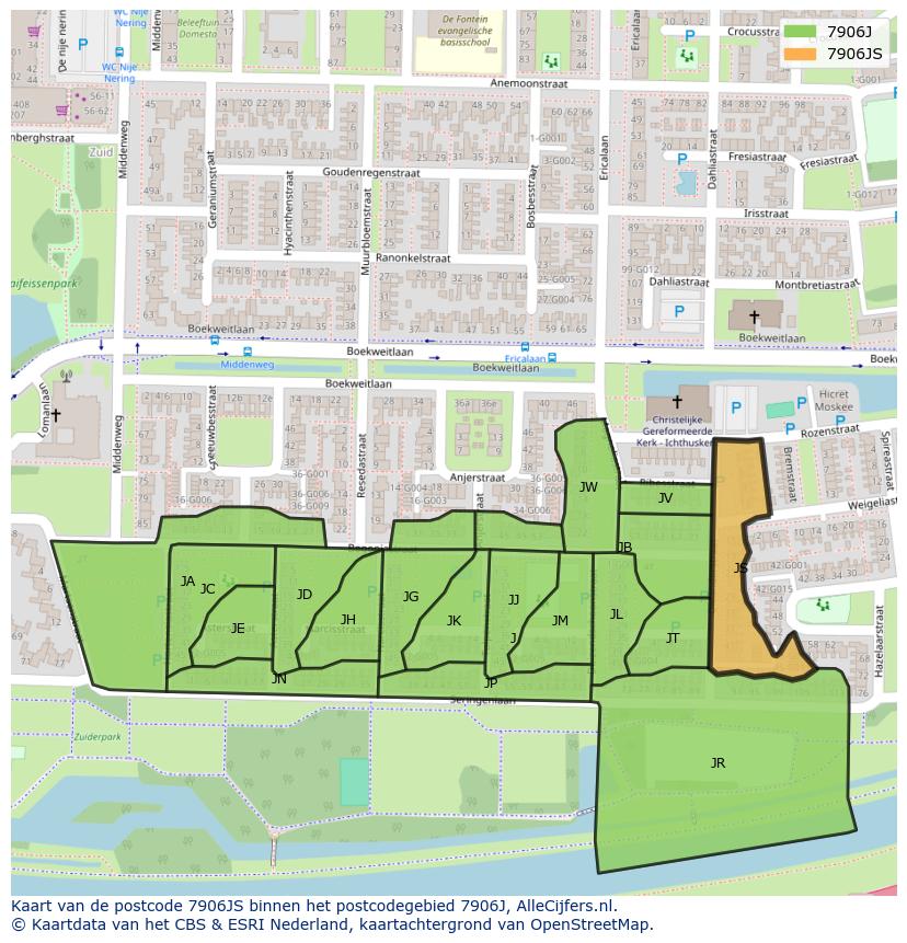 Afbeelding van het postcodegebied 7906 JS op de kaart.