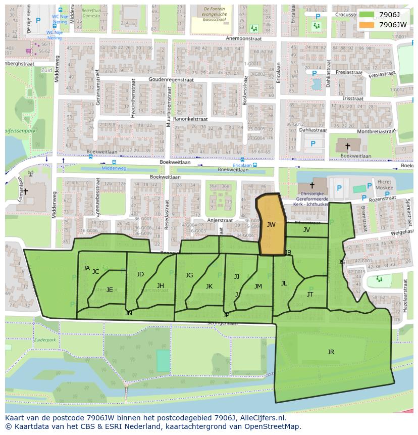 Afbeelding van het postcodegebied 7906 JW op de kaart.
