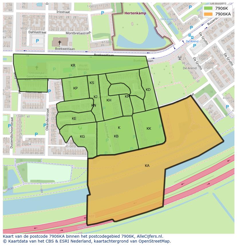 Afbeelding van het postcodegebied 7906 KA op de kaart.