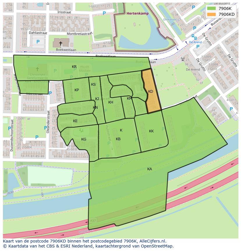 Afbeelding van het postcodegebied 7906 KD op de kaart.